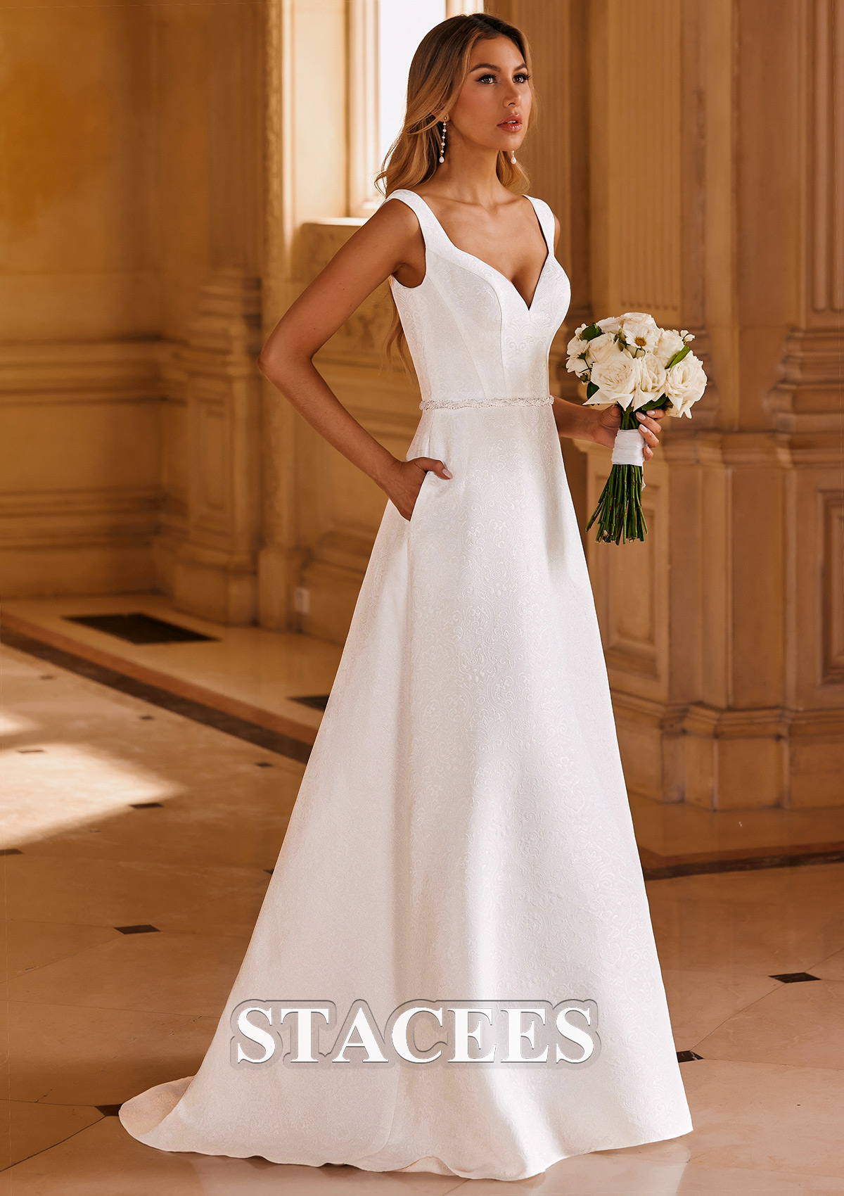 A-line V Neck Sweep Train Jacquard Wedding Dress with Pockets