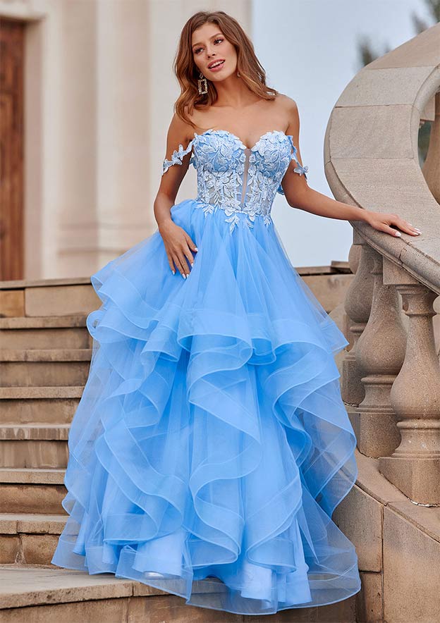 A-line Princess Off-the-Shoulder Tulle Floor-Length Prom Dress with Appliqued Ruffles