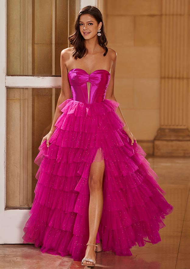 Ball Gown Strapless Keyhole Tiered Corset Glitter Prom Dress with Slit