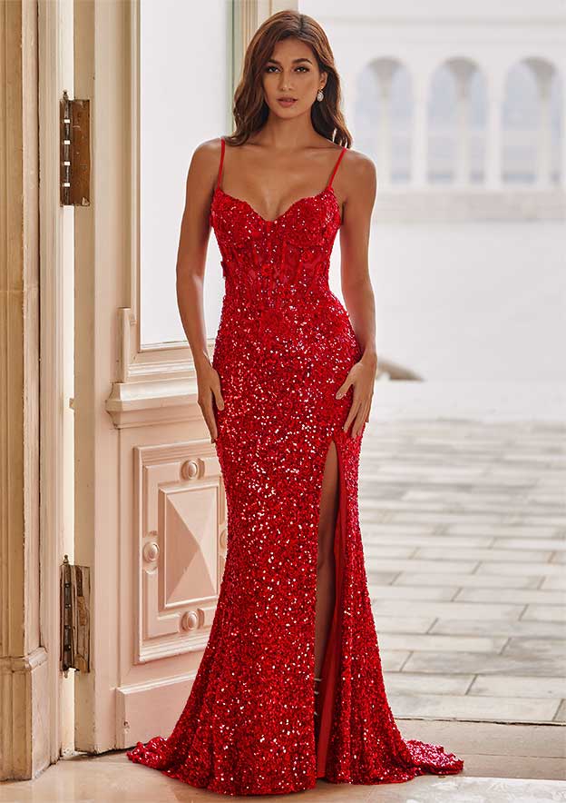 Fitted Applique Sequin Sleeveless Corset Slit Prom Dress