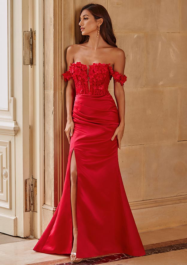 Trumpet/Mermaid Off-the-Shoulder Satin Sweep Train Prom Dress with Appliqued Beading Flowers Pleated Split