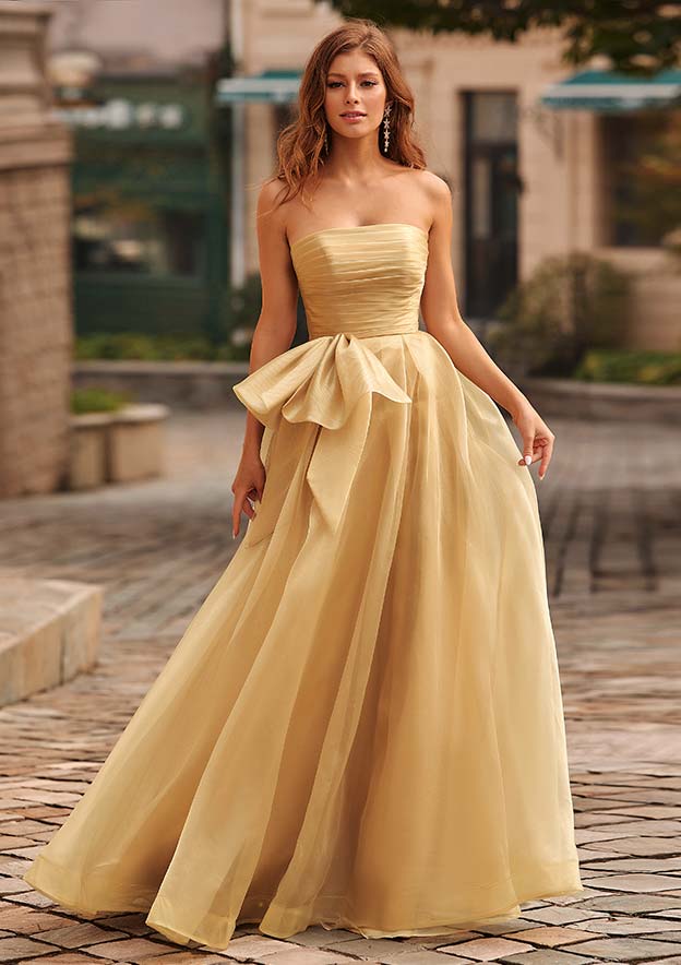 Shiny A-line Organza Pleated Strapless Prom Dress with Bow Pockets