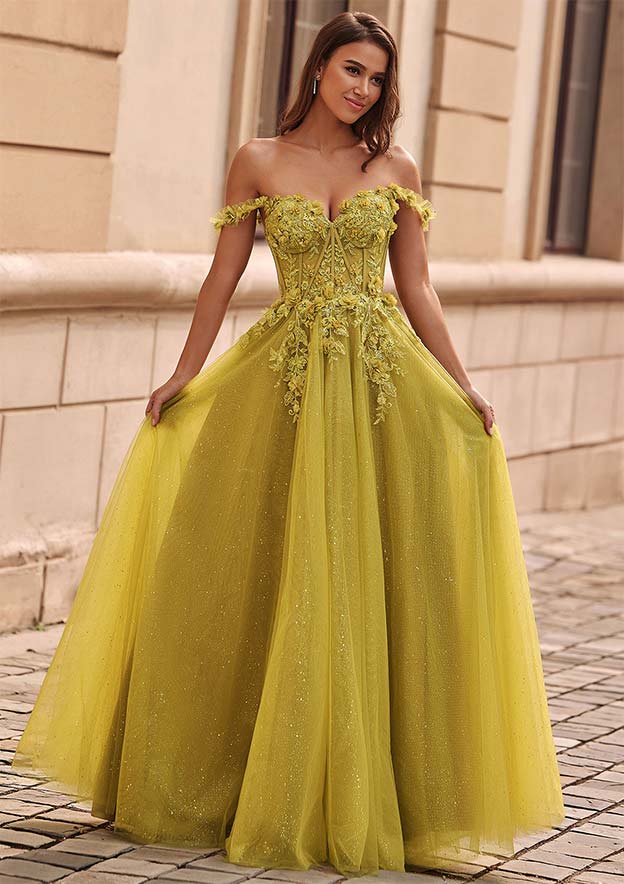 A-line Applique Sheer Corset Off-the-Shoulder Glitter Tulle Prom Dress