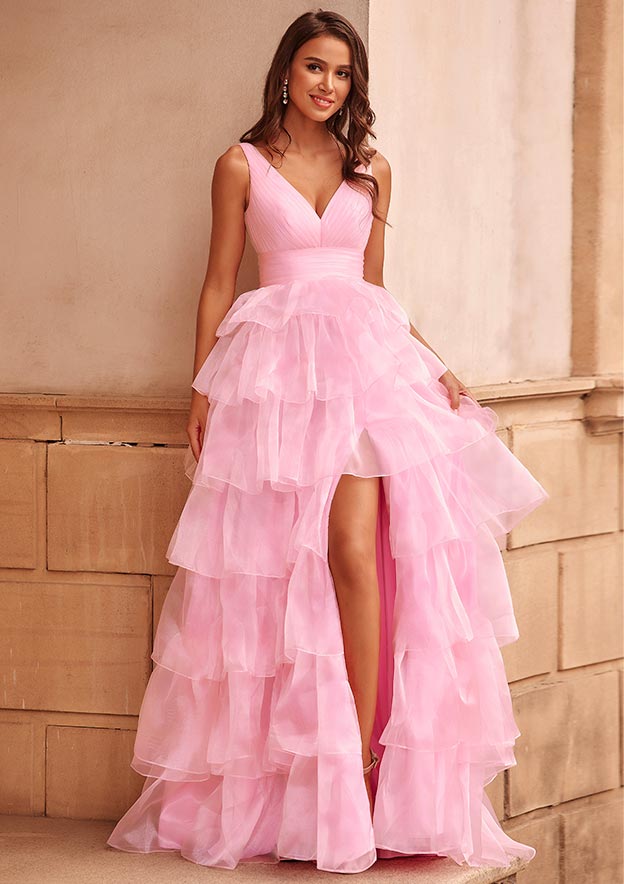 Sparkle Pleated V Neck Organza Ball Gown Long Ruffle Slit Prom Dress