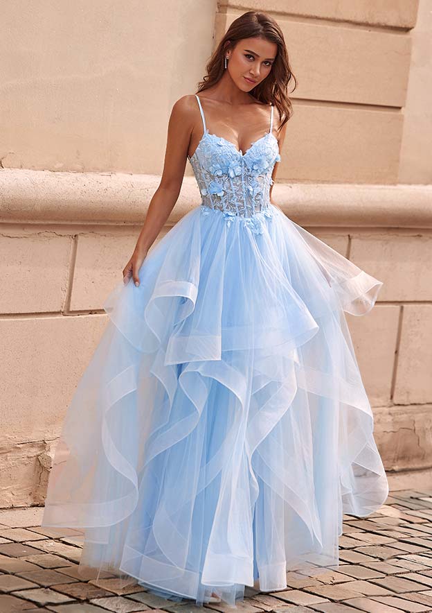A-line V Neck Sheer Lace Corset Ruffle Prom Dress