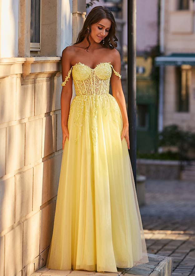 A-line V Neck Tulle Floor-Length Prom Dress with Appliqued Beading Sequins Split Glitter