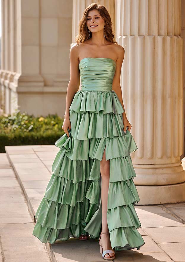 A-line Square Neckline Strapless Floor-Length Taffeta Prom Dress with Ruffles Slit