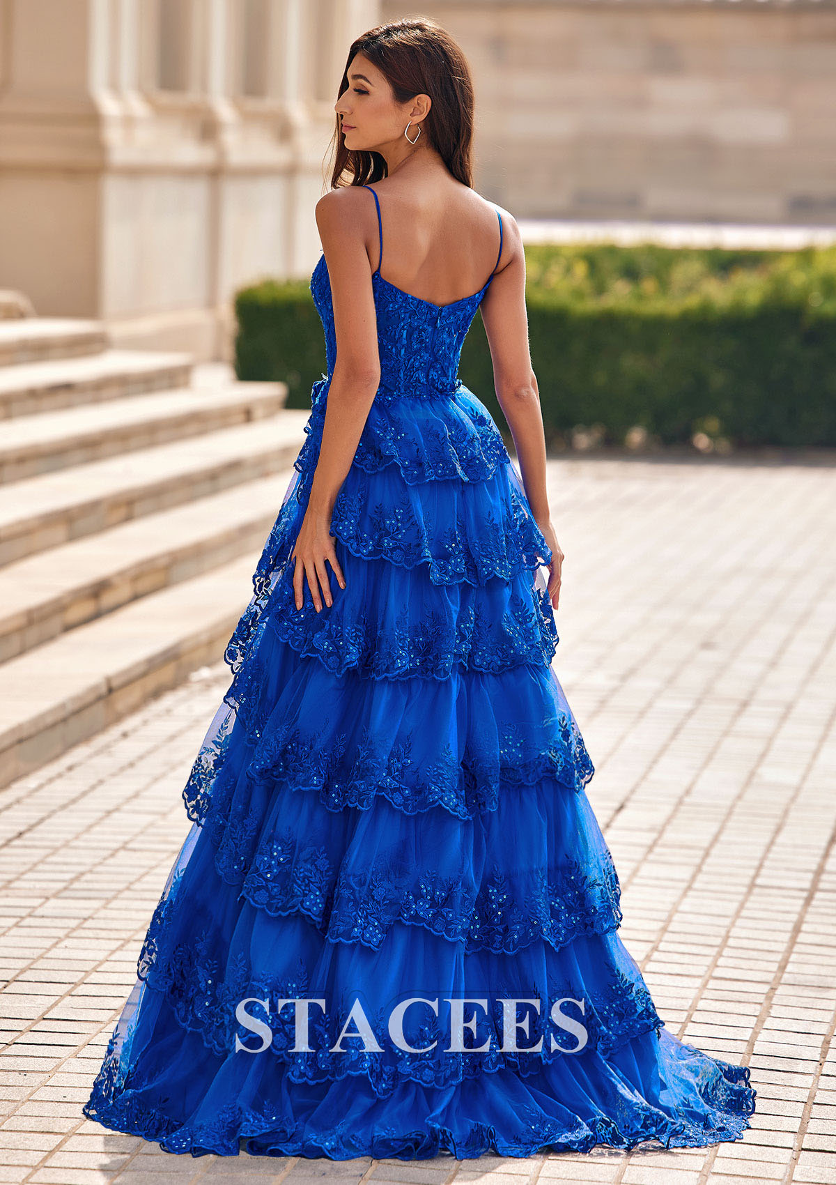 Ocean Blue A-line Sweep Train Corset Floral Tiered Slit Prom Dress with Ruffles