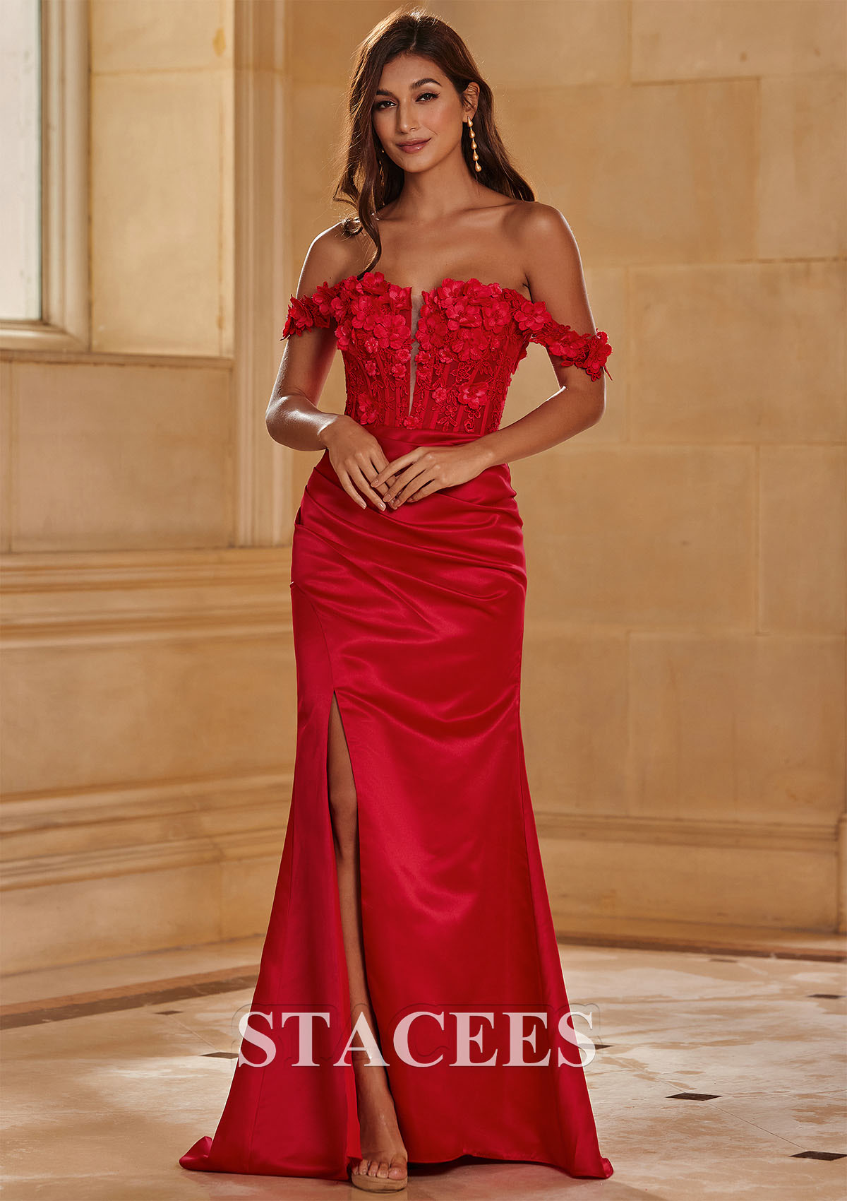 Red Trumpet/Mermaid Off-the-Shoulder Satin Sweep Train Prom Dress with Appliqued Beading Flowers Pleated Split - STACEES
