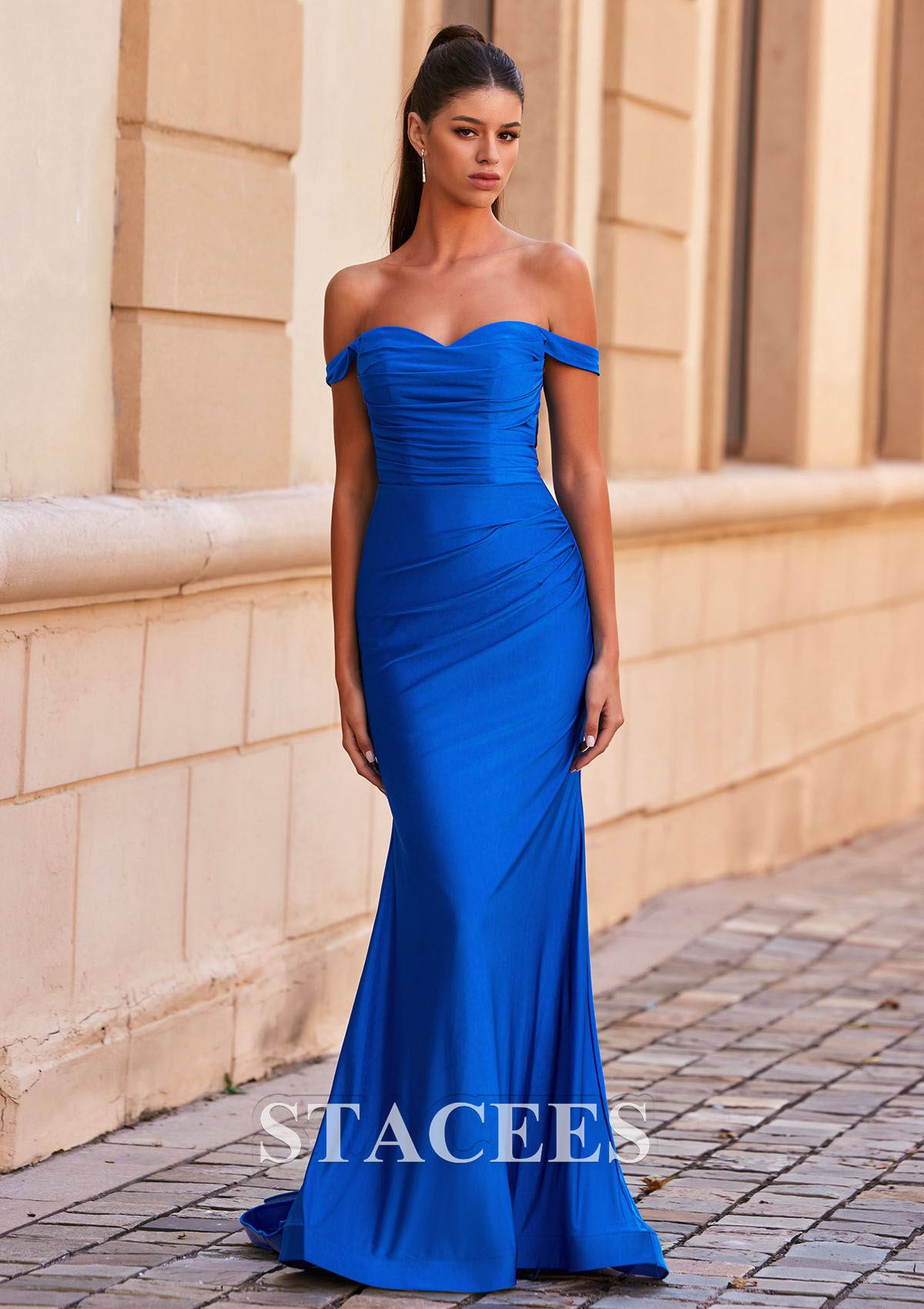 Azul Océano Corte trompeta/sirena hombros descubiertos jersey barrer tren vestido de graduación - STACEES