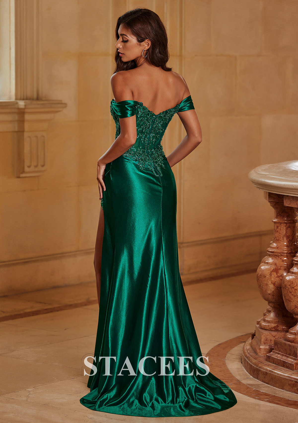 Dark Green Off-the-Shoulder Applique Corset Slit Long Prom Dress