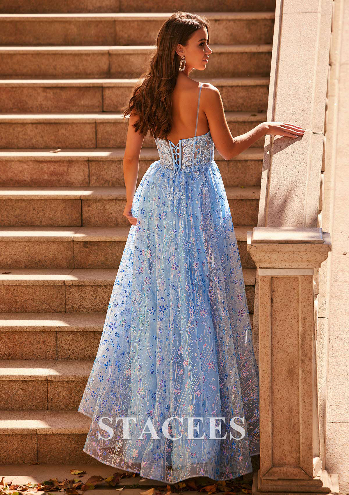 Sky Blue A-line V Neck Tulle Sweep Train Prom Dress with Appliqued Sequins Glitter - STACEES