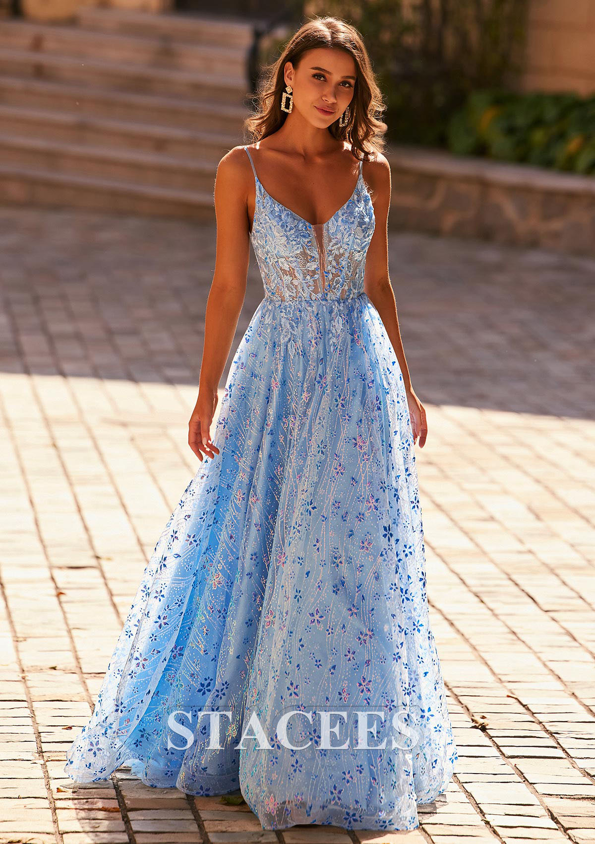 Sky Blue A-line V Neck Tulle Sweep Train Prom Dress with Appliqued Sequins Glitter - STACEES
