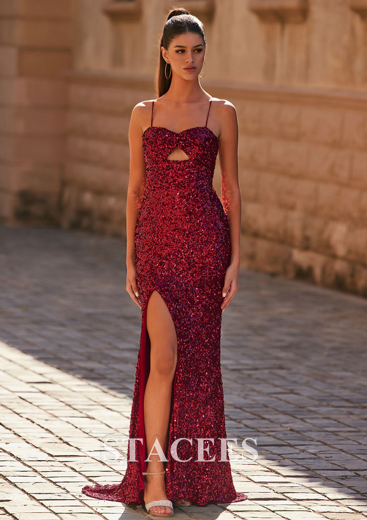 Burgundy Sheath V Neck Sequins Cut out Slit Sweep Train Prom Dress - STACEES
