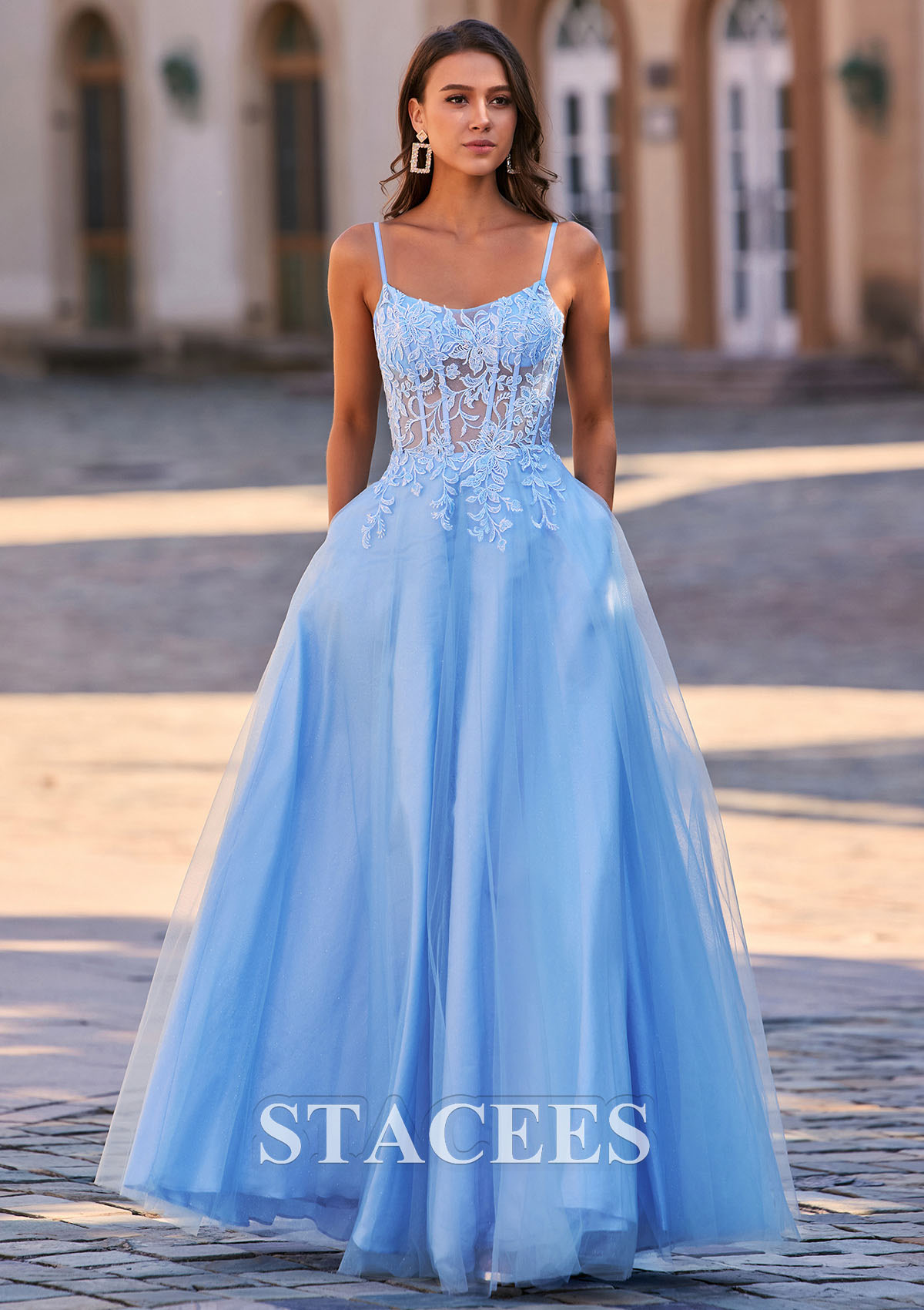 Azul Cielo Vestido línea a escote redondo tul hasta el suelo vestido de graduación - STACEES