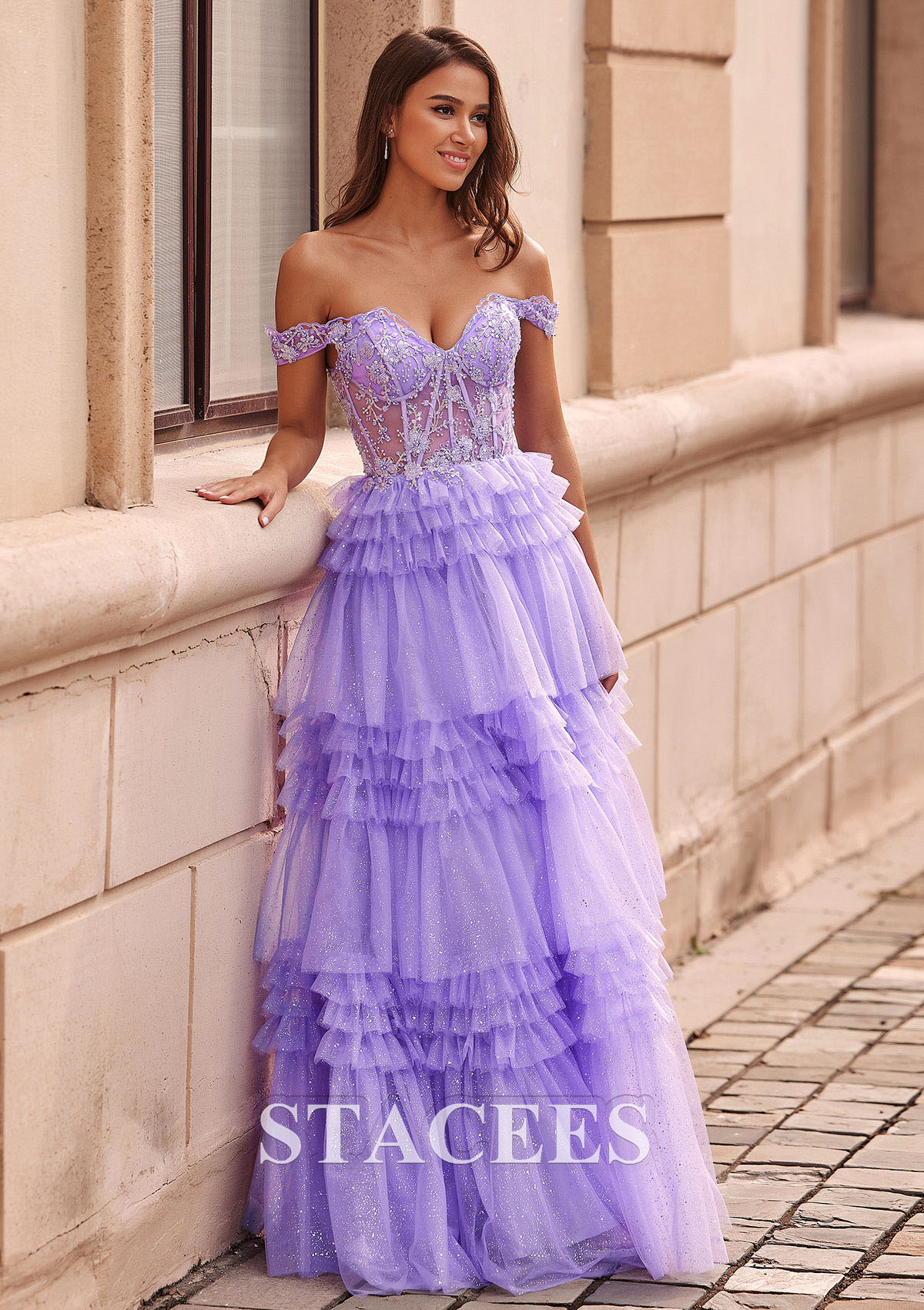 Lilac A-line Applique Off-the-Shoulder Corset Ruffle Tiered Glitter Tulle Prom Dress