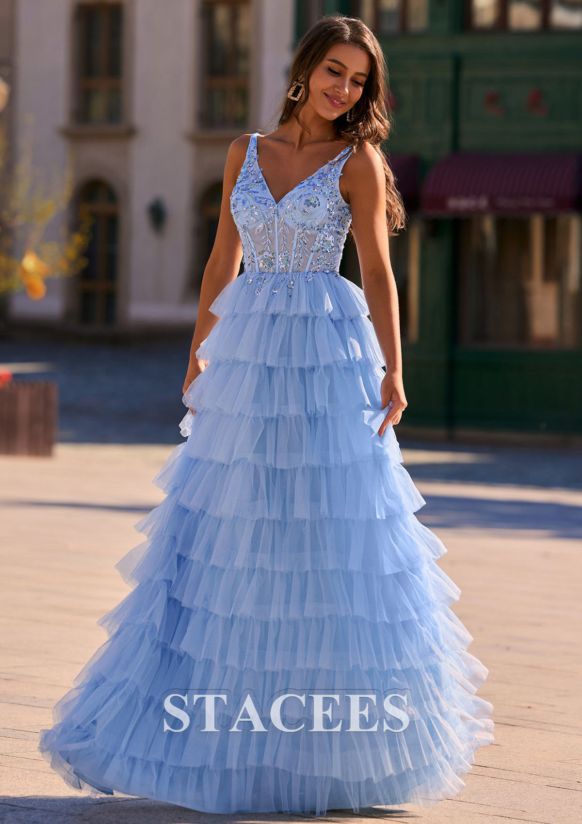 Sky Blue Vestido línea a princesa escote en v tul barrer/cepillo tren vestido de graduación - STACEES