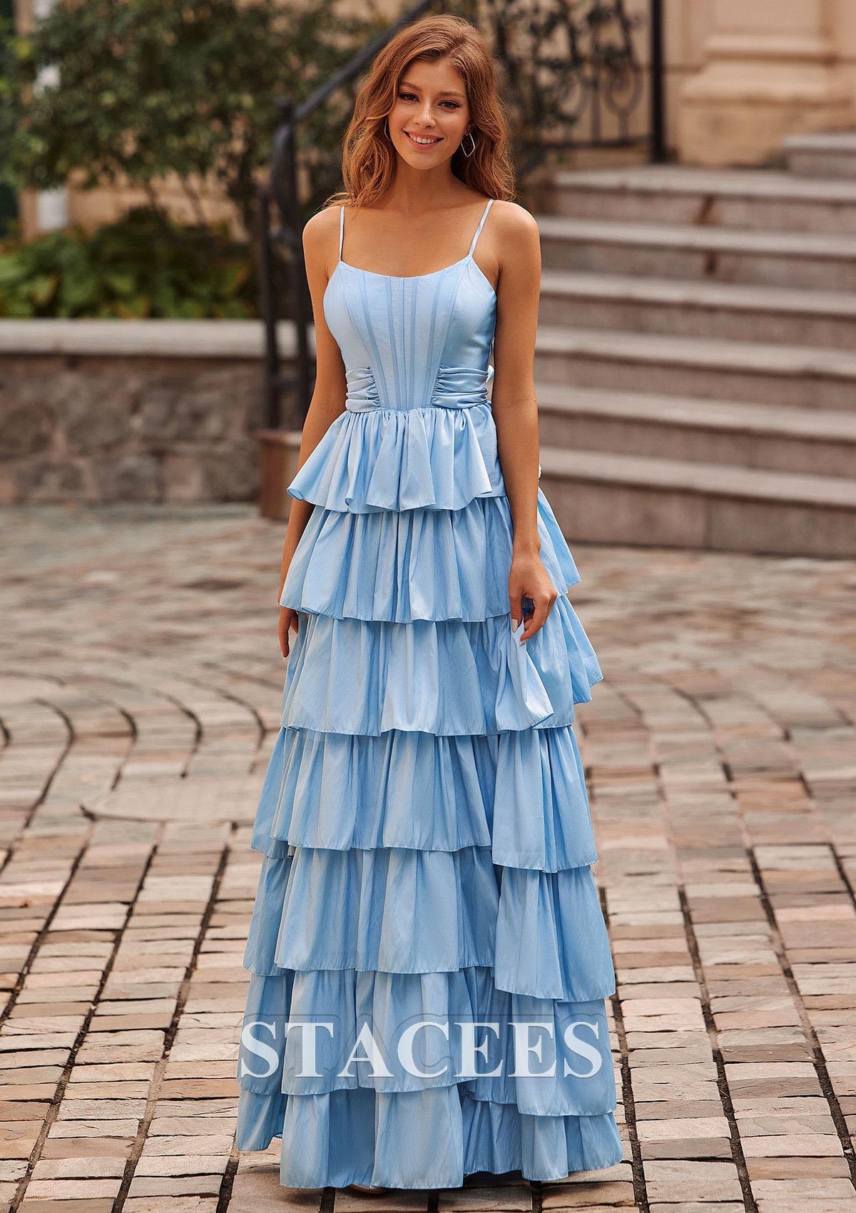 Bleu Ciel Trapèze carrée taffetas ras du sol robe de bal avec noeud papillon  - STACEES