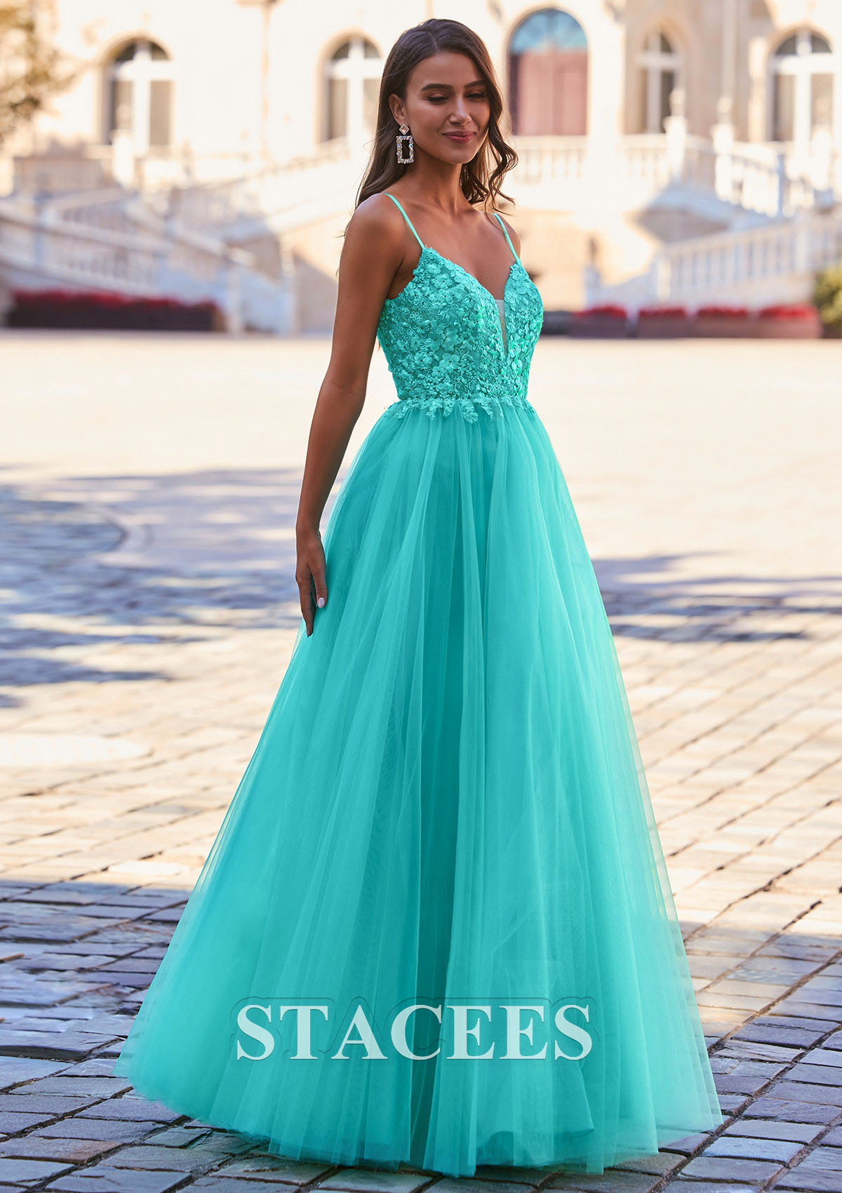 As Picture A-line V Neck Tulle Floor-Length Prom Dress with Appliqued - STACEES