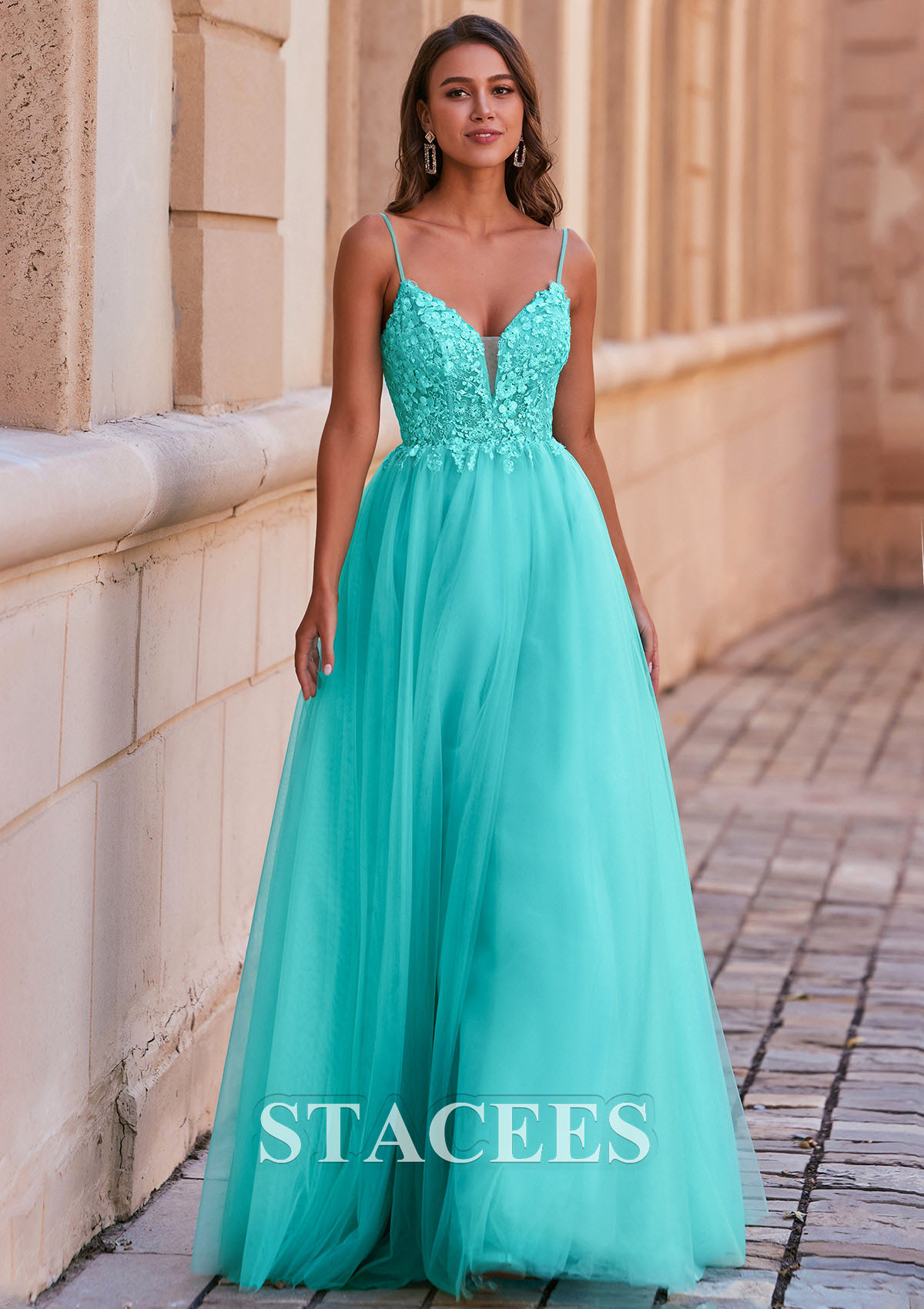 As Picture A-line V Neck Tulle Floor-Length Prom Dress with Appliqued - STACEES