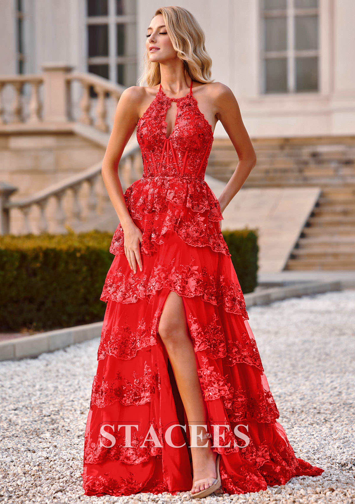 Rojo Vestido línea a cuello halter tul barrer tren vestido de graduación - STACEES