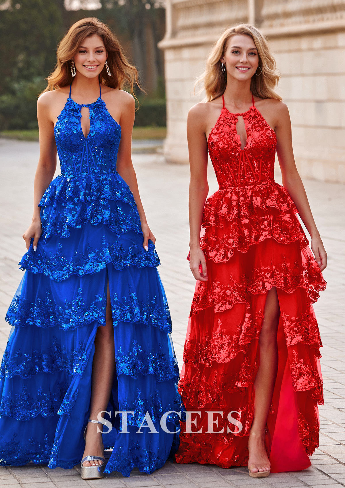 Rojo Vestido línea a cuello halter tul barrer tren vestido de graduación - STACEES