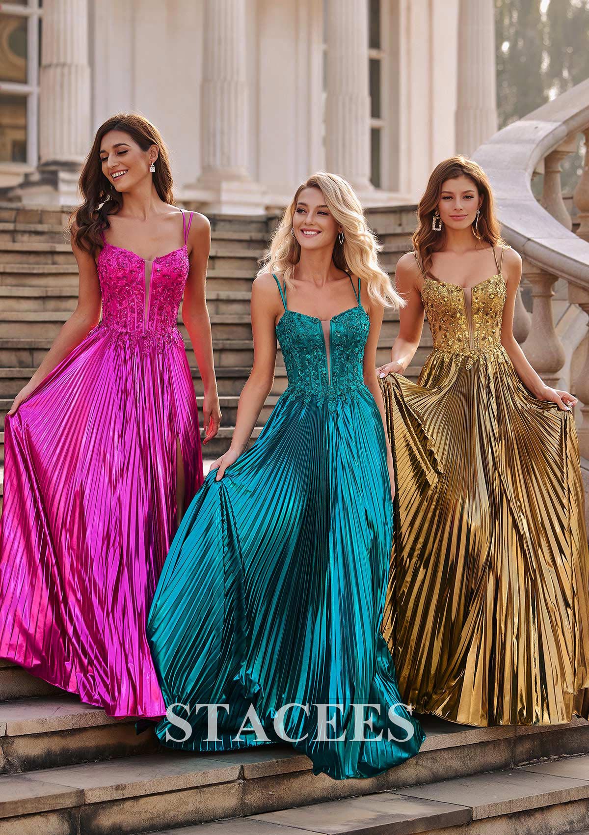 Gold A-line Shine Pleated Metallic Slit Sweep Train Prom Dress with Plugging V-neck - STACEES