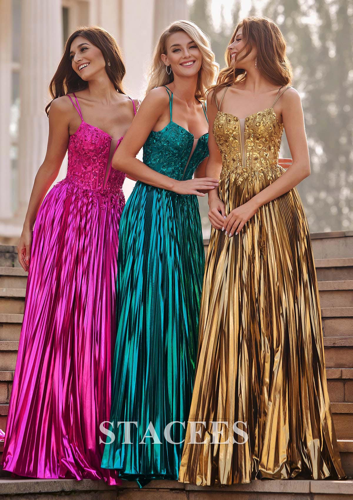 Gold A-line Shine Pleated Metallic Slit Sweep Train Prom Dress with Plugging V-neck - STACEES