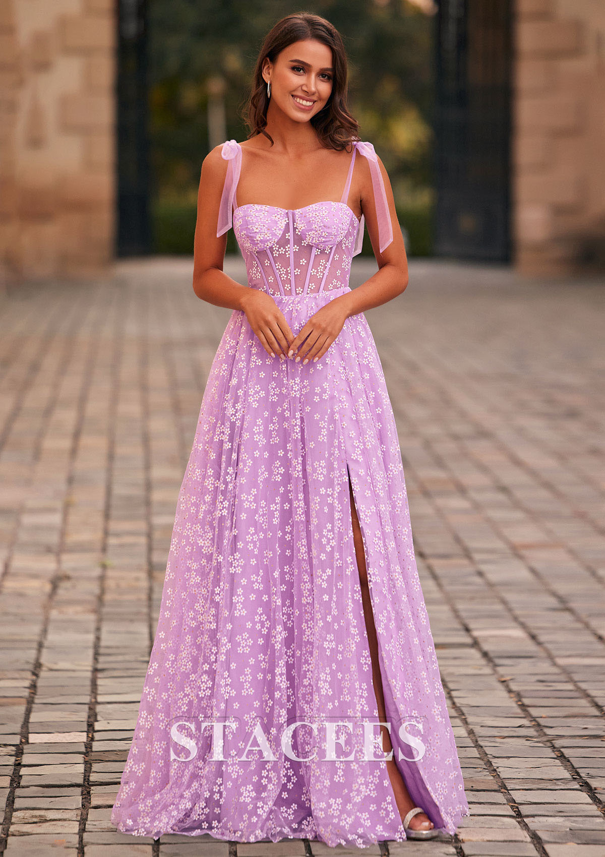 Lilac A-line Floral Printed Sheer Corset Slit Long Prom Dress With Adjustable Straps