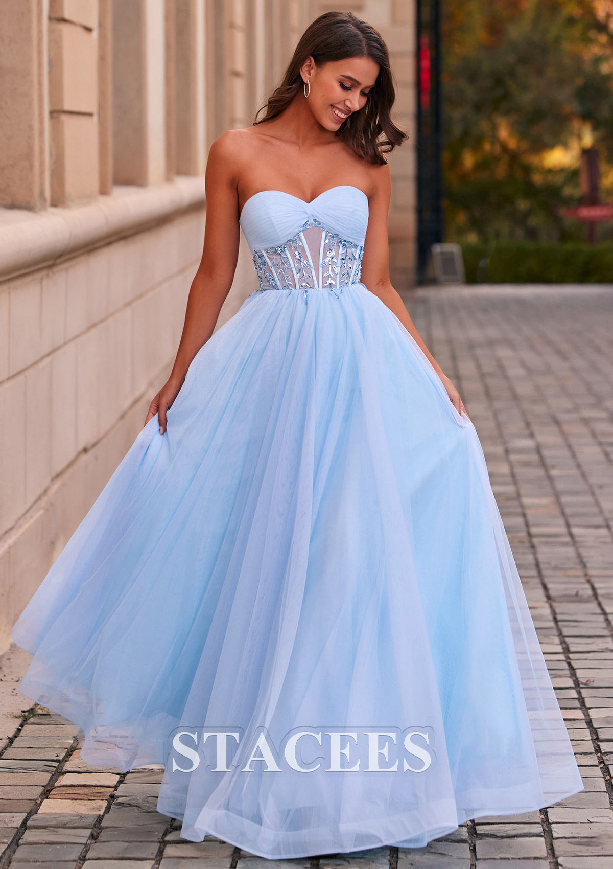 Sky Blue Vestido línea a cuello de corazón tul hasta el suelo vestido de graduación - STACEES