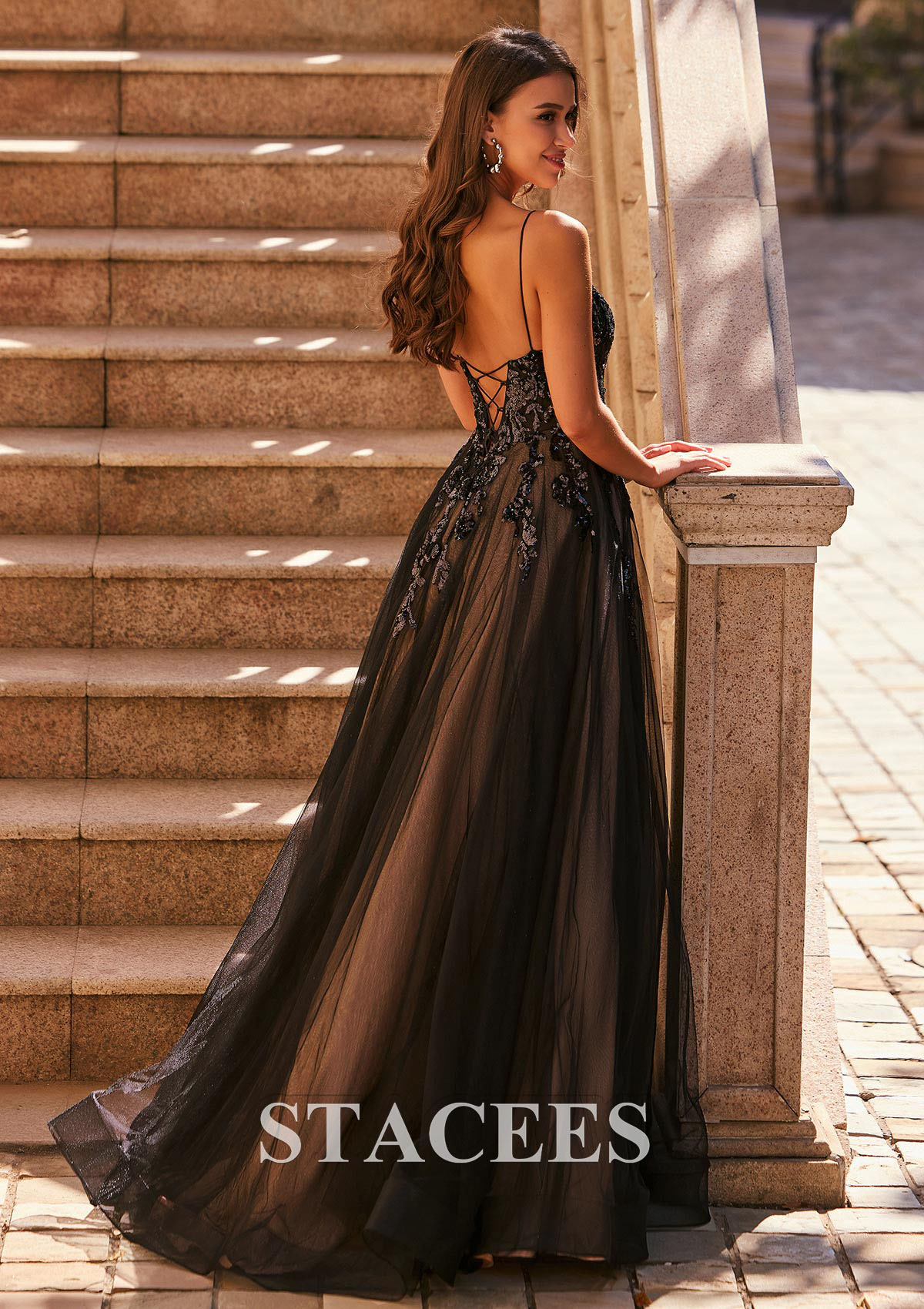 Black A-line V Neck Tulle Floor-Length Prom Dress with Sequins - STACEES