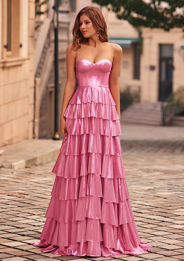Stacees A-line Strapless Metallic Ruffles Prom Dress