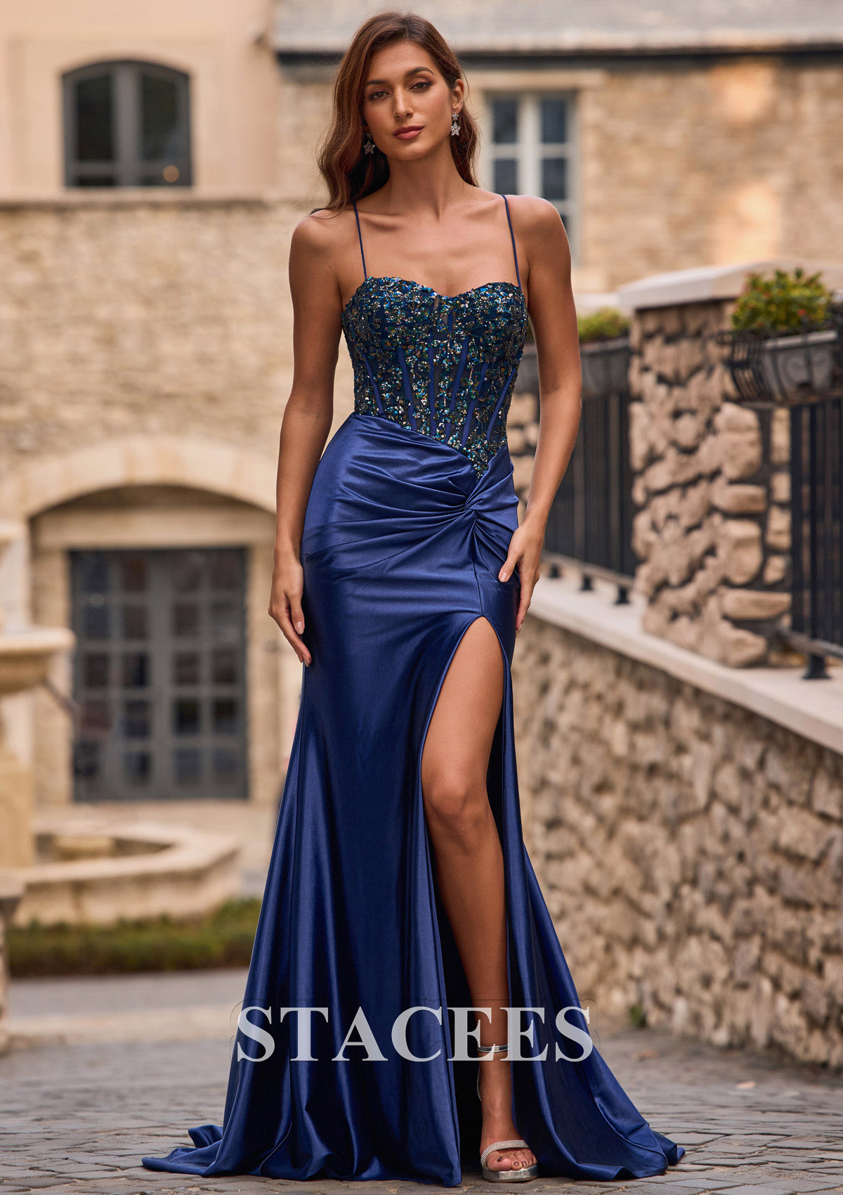 Dark Navy Ruched Mermaid Sparkly Sequins Spaghetti Straps Prom Dress with Slit - STACEES