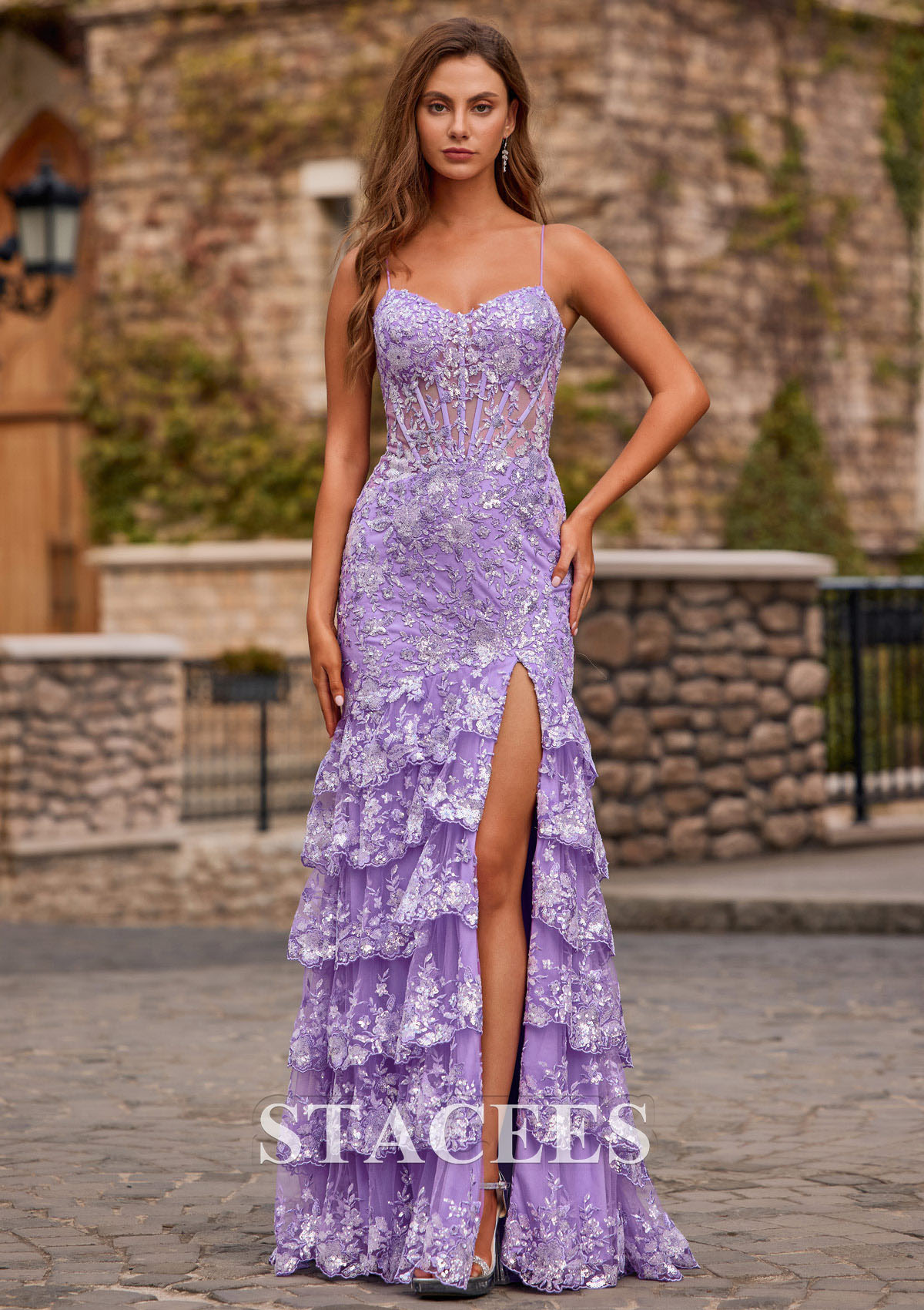 is stacees legit for prom dresses Stacees 2026 Fit & Flare Sequined Illusion Corset Ruffle Sky Blue Prom Dress with Slit