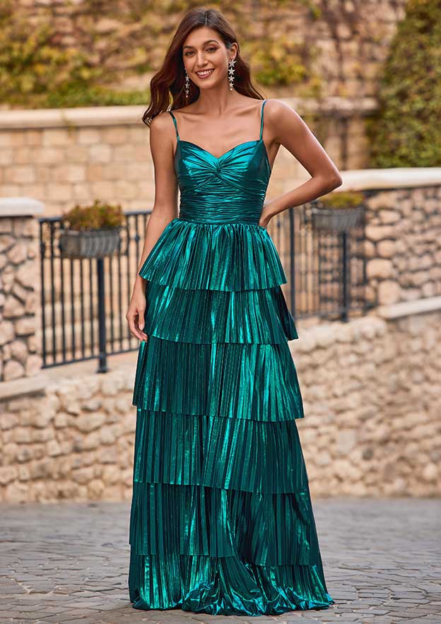 A-line V Neck Metallic Tiered Pleated Ruffle Prom Dress