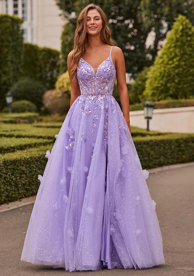 A-line V Neck Applique Floral Glitter Tulle Floor-Length Prom Dress with Slit