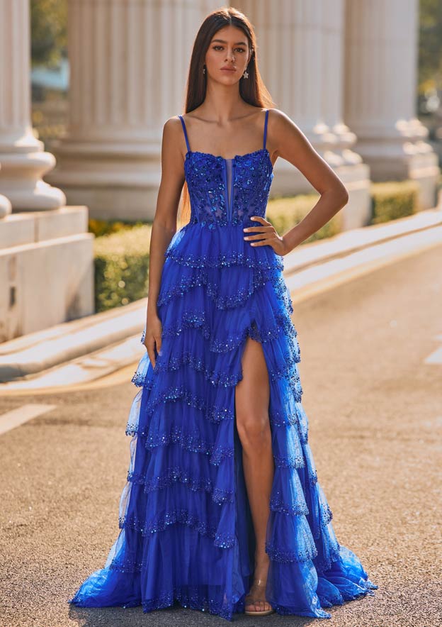 A-line Lace Corset Ruffles Slit Prom Dress with Beaded Sequins