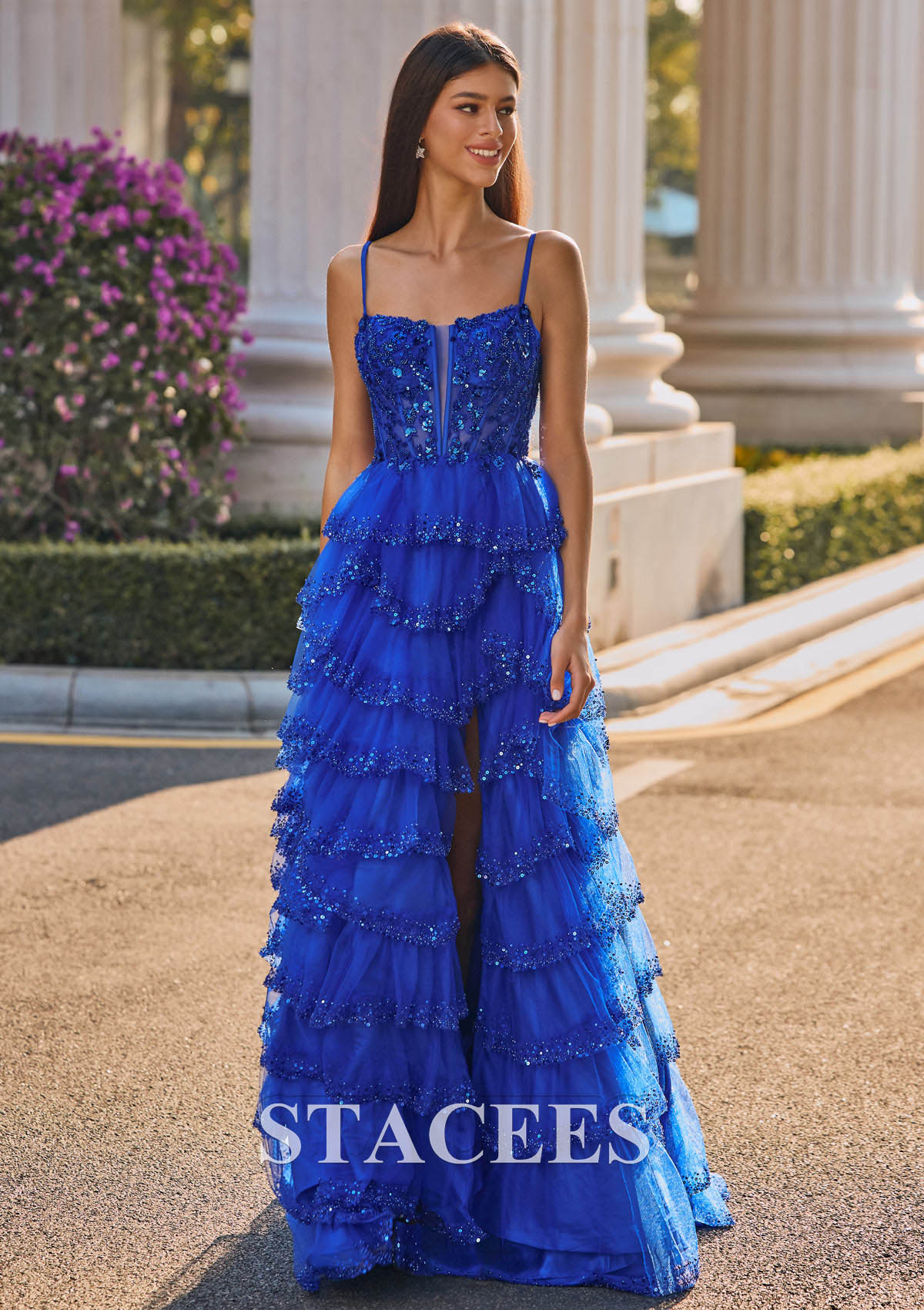 a-line corset tiered ruffle slit prom dress with appliqued sequins A-line Lace Corset Ruffles Slit Prom Dress with Beaded Sequins S8354P - Prom  Dresses