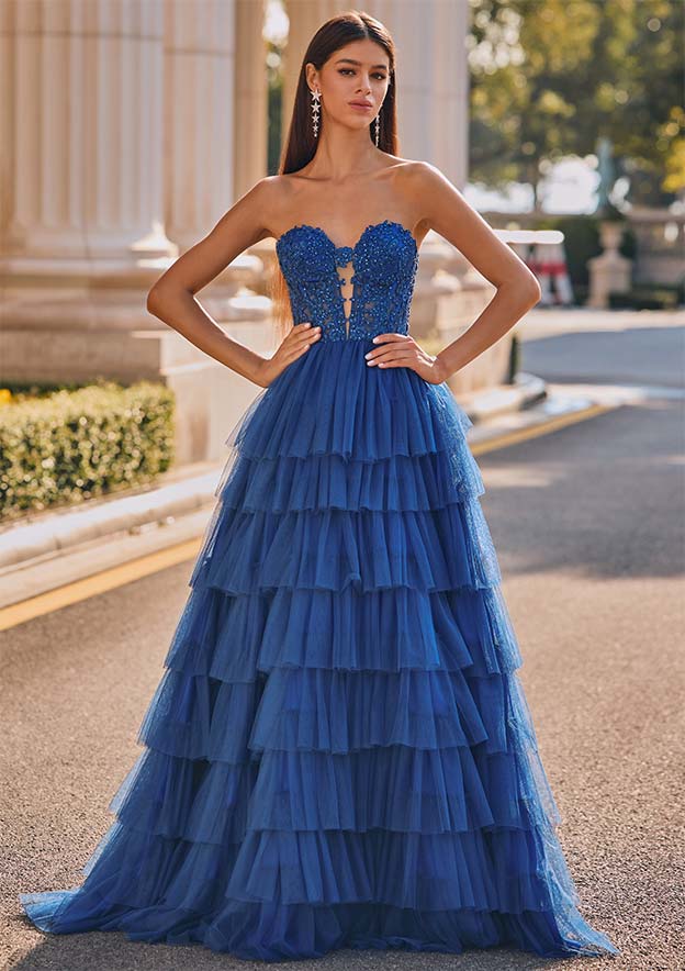 A-line Sweetheart Tulle Sweep Train Prom Dress with Appliqued Beading Ruffles