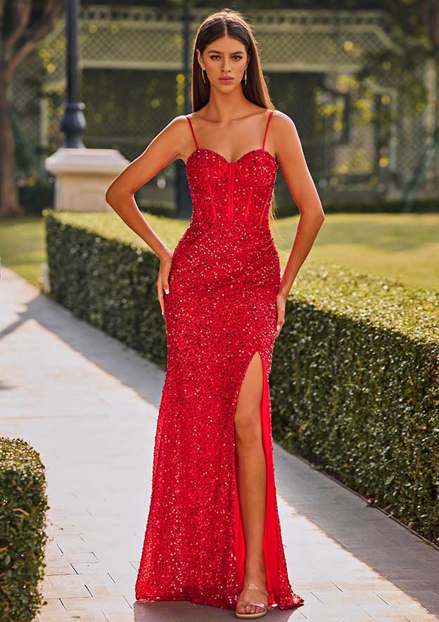 fitted applique sequin sleeveless corset slit prom dress Fitted Corset Sweetheart Sequins Prom Dress with Slit S8482P - Prom Dresses