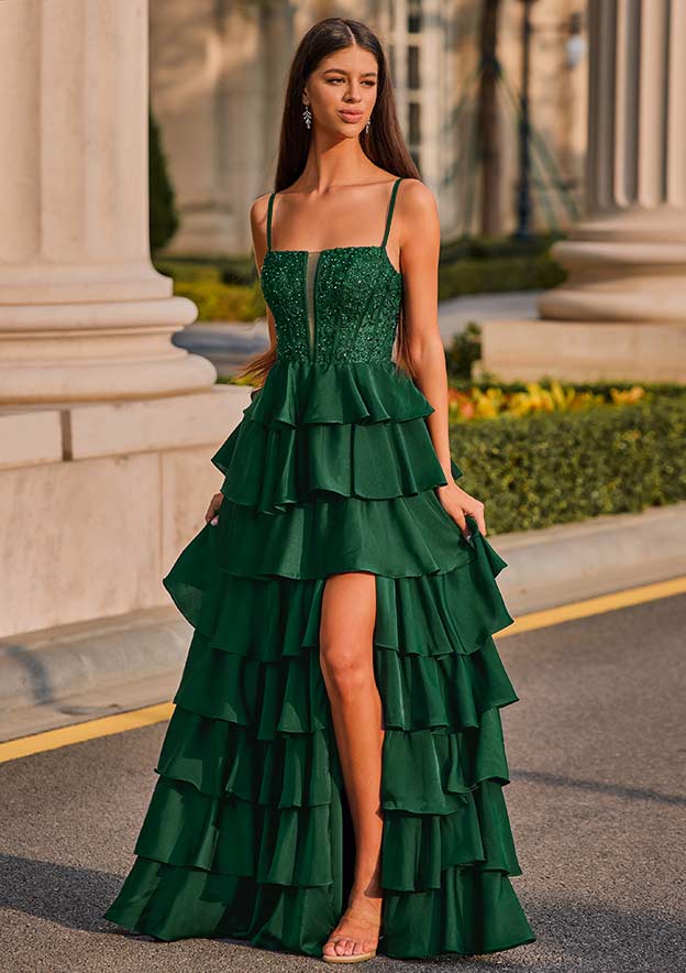 green prom dress with ruffles Stacees 2026 A-line Square Neckline Stretch Satin Floor-Length Prom Dress with Appliqued Beading Ruffles Split