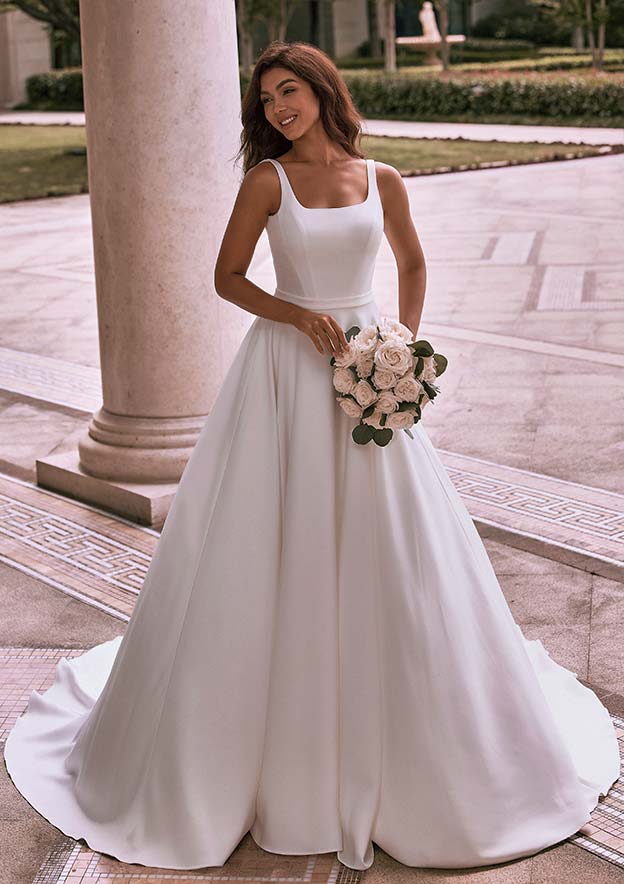 a line dress square neck Romantic A-Line Lace Square Neck Sleeveless Wedding Dress Plus Size Size 26W