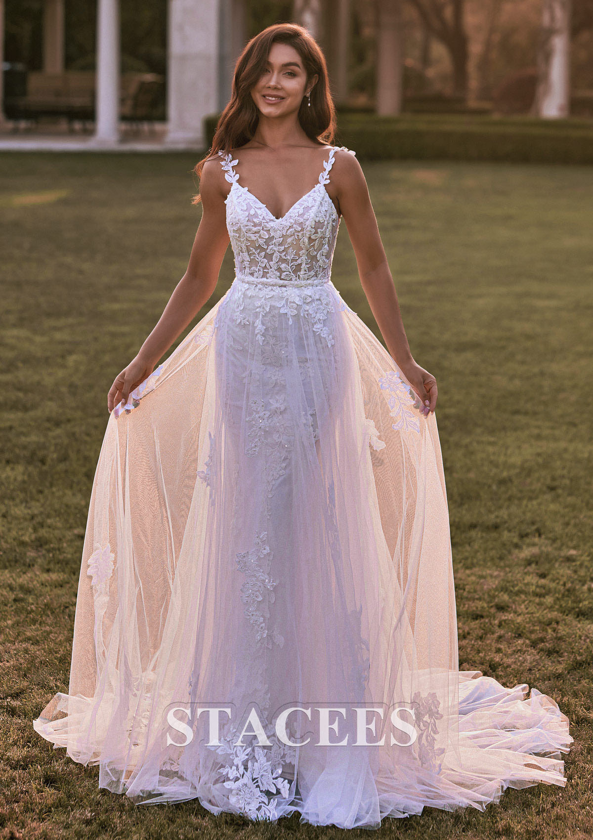 Ivory Romantic Lace Bridal Gown with Flowing Detachable Train