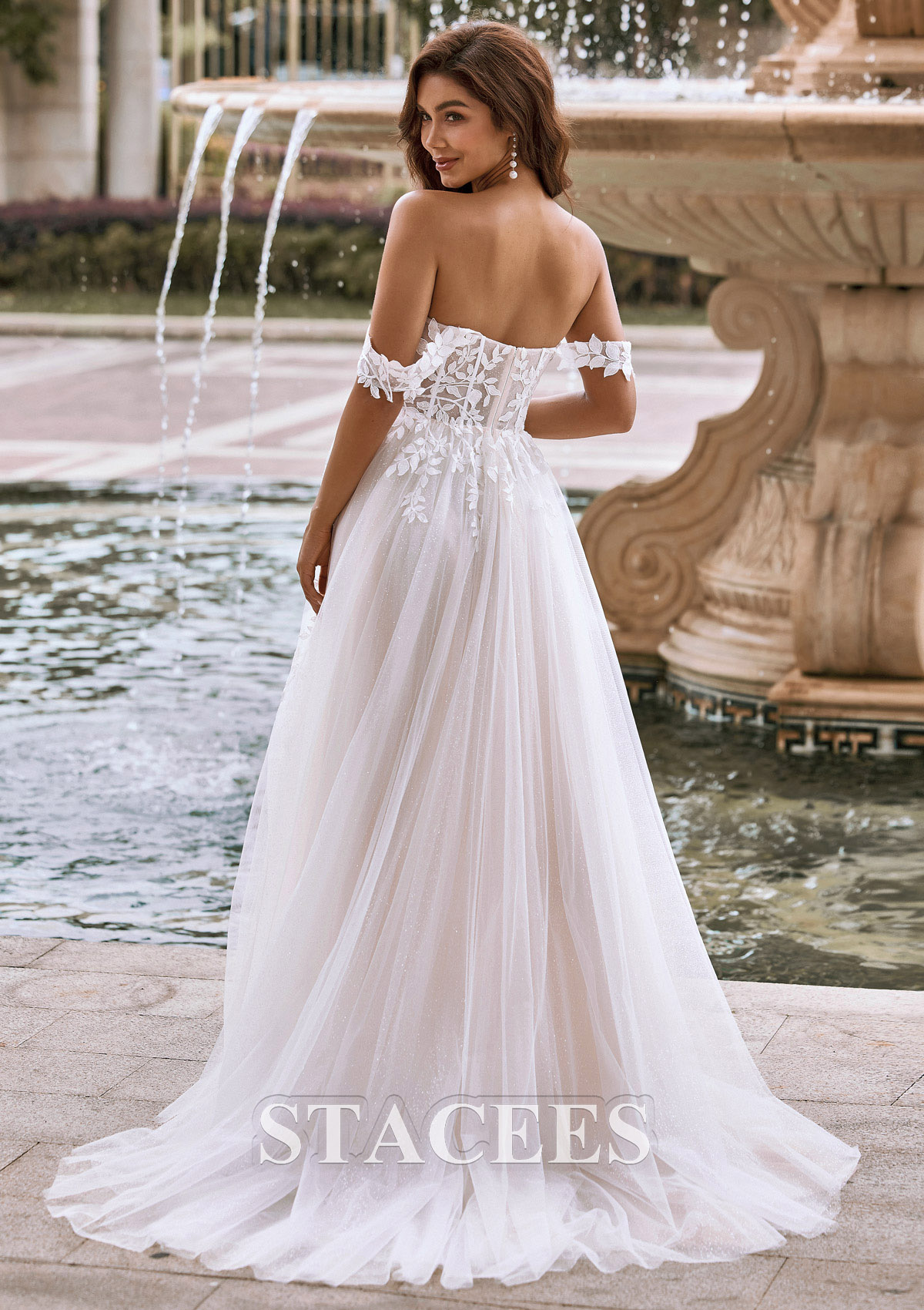 Ivoire Trapèze épaule dénudée tulle traîne balayage robe de mariée  - STACEES