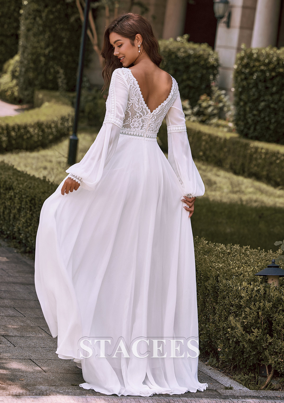 chiffon wedding dress long sleeve A-Line with Detachable Sleeves This Scoop Long Sleeve Ivory Bridal Gown features a dramatic Backless design Lace & Chiffon Long Sleeve
