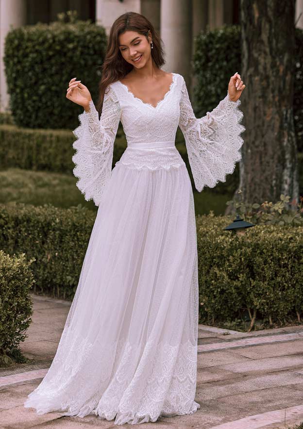 fitted wedding dresses with sleeves Lace A-line Long-Sleeve Wedding Dress with High Neck bolero and Corset   Think Bridal