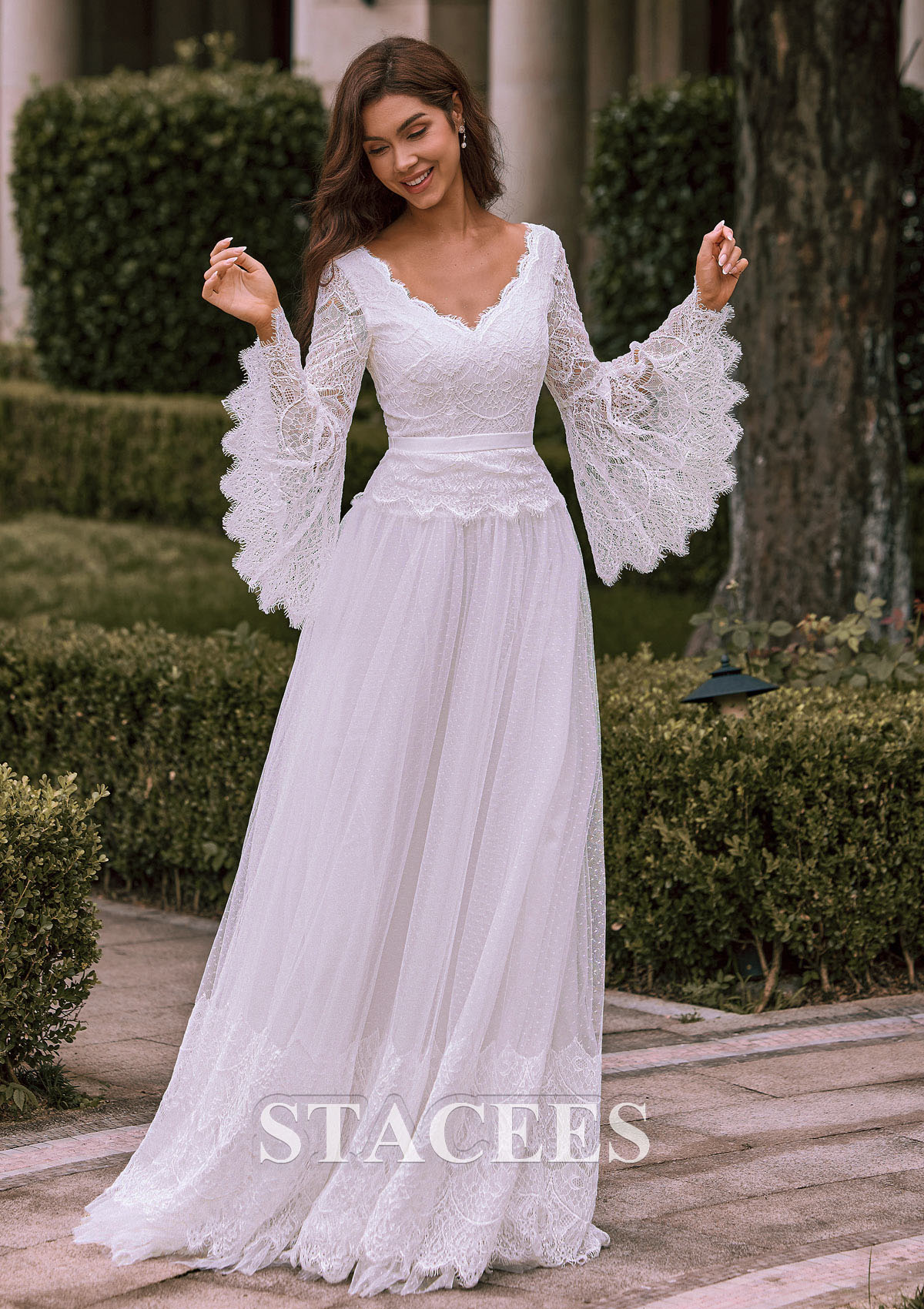 long sleeve a line wedding dresses Floral Lace Illusion Sleeve Plunging A-Line Wedding Dress