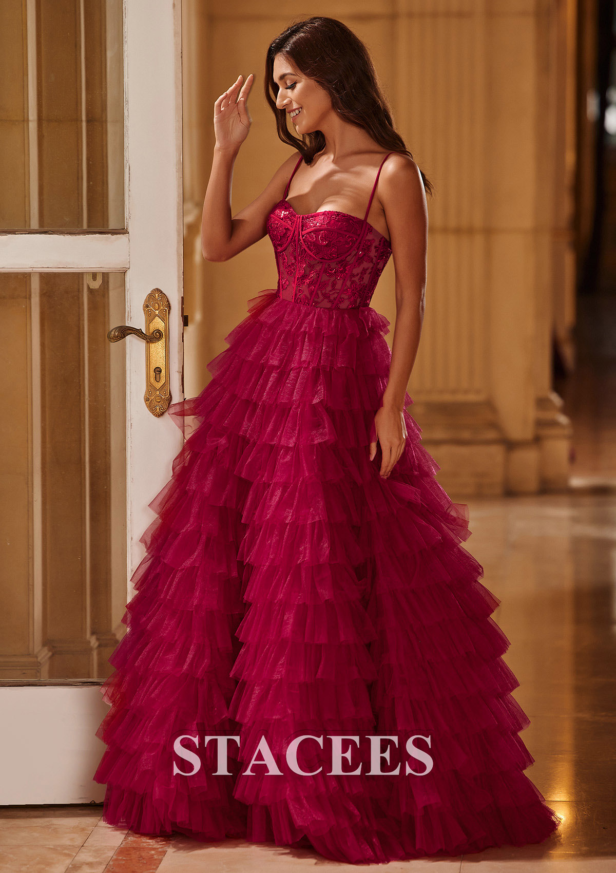 Burgundy Ball Gown Sequined Lace Bodice Ruffled Tiered Floor-Length Prom Dress - STACEES