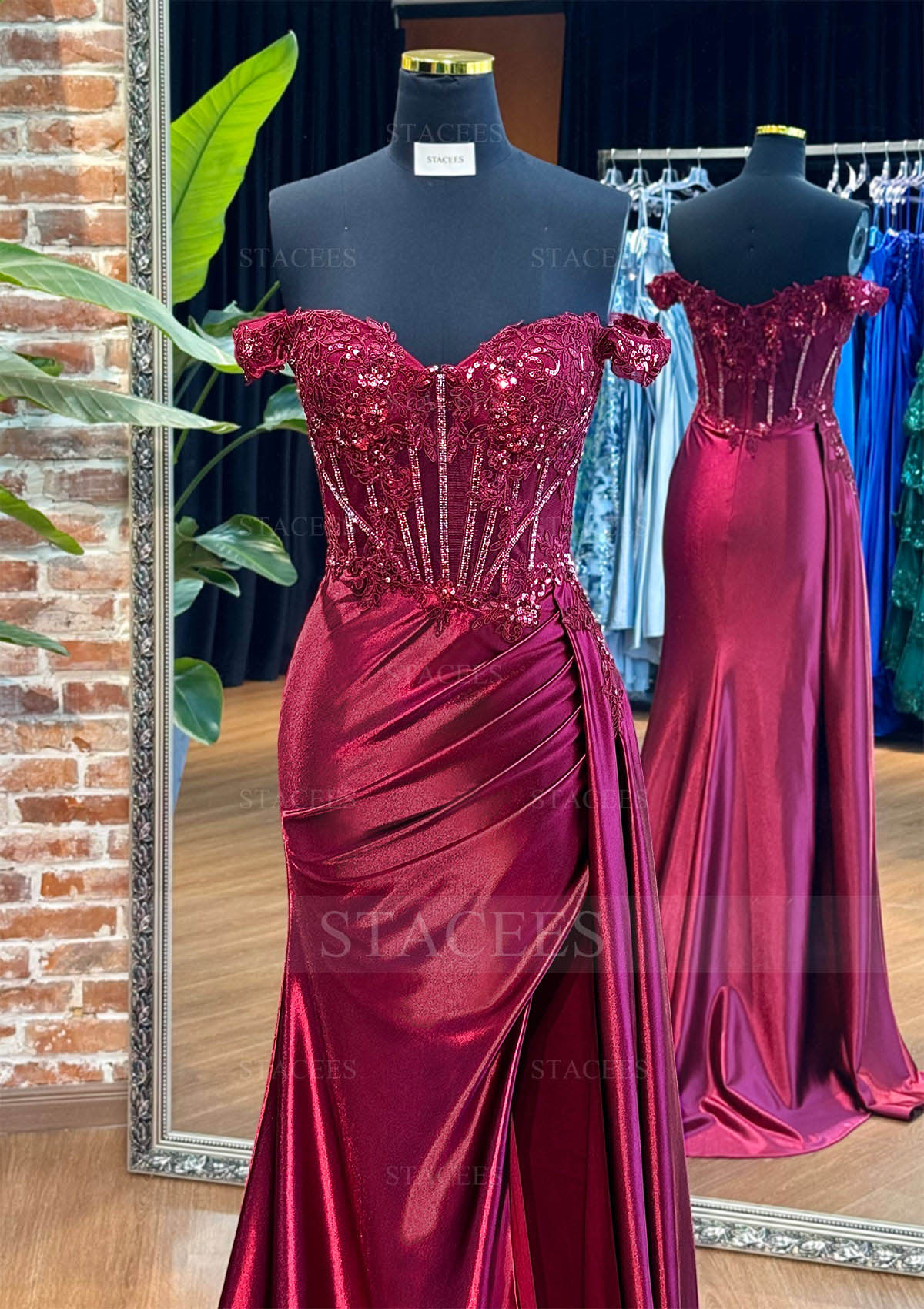 staces dresses Sheath/Column Off-the-Shoulder Silk like Satin Sweep Train Prom Dress with Appliqued Beading Pleated Sequins Side Draping Split S8357P Tulle Size:3-5 yrs new image Amsale Bridesmaid Dress Tiana Length Sequined Split