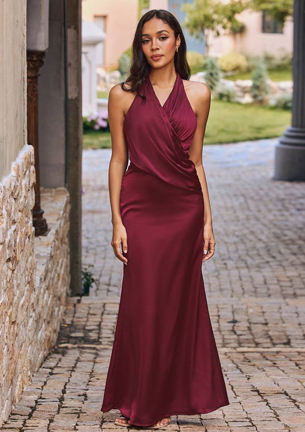 red stretch satin dress mermaid satin dress Chelsea Mermaid Stretch Satin Bridesmaid Dress with Straps